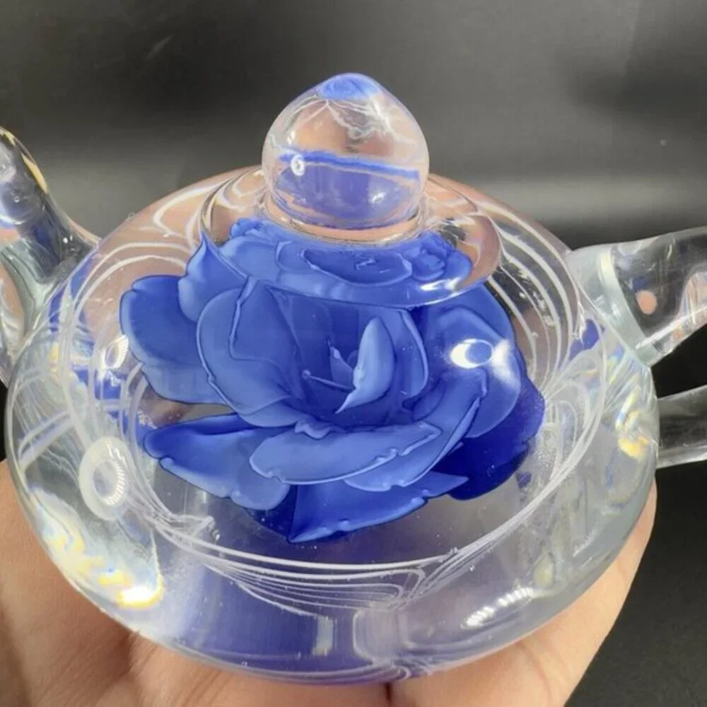 Dynasty Gallery Glass Teapot Carafe Jug Blue With White‎ Swirls Paperweight VTG